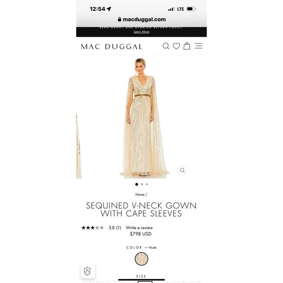 Mac Duggal Sequined V-Neck Gown Maxi Dress Cape Sleeves Nude Size 14W NWT - Picture 6 of 11